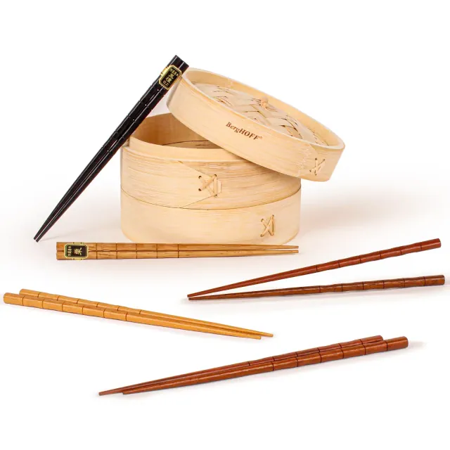 BergHOFF 11Pc Bamboo Set, 5 Pairs Chopsticks 10" and Steamer Insert