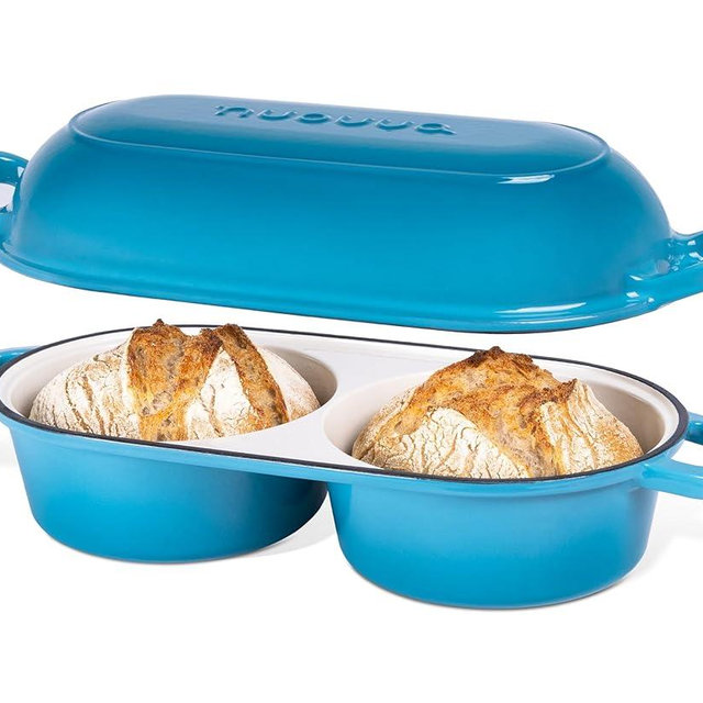 Dutch Oven For Sourdough Bread Baking – Enamelled Cast Iron Bread Loaf Pot – 500°F Oven Safe Non Stick Bread Pot – Double Round Loaf Space, 16.5cm Diameter, Light Blue, – by Nuovva