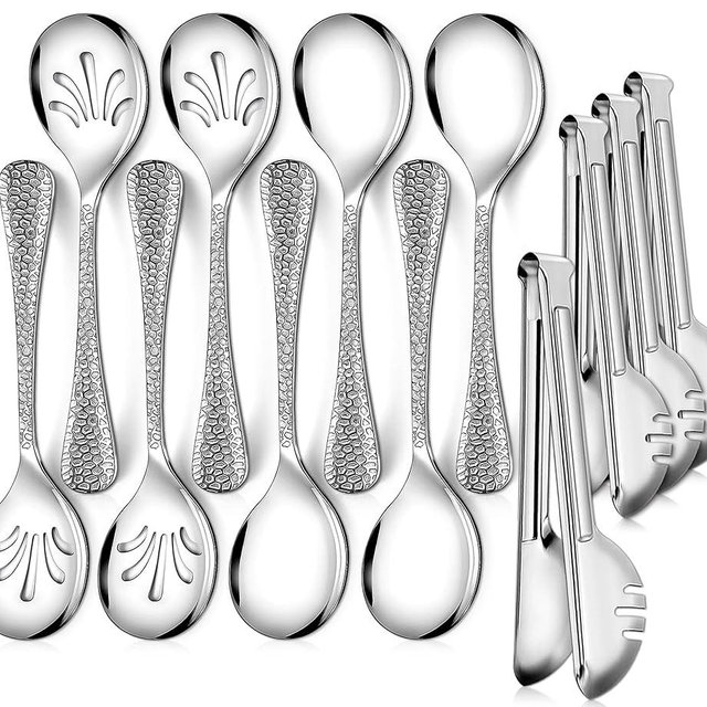 Teivio Hammered Stainless Steel Metal Serving Utensils Set of 12, 10" Serving Spoons, 10" Slotted Spoons, 9" Serving Tongs, Large Hostess Serving Set for Parties Chafing Dish Buffet Catering (Silver)