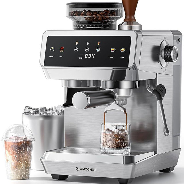 AMZCHEF Espresso Machine With Grinder, 190℉-201℉ Temp Control Coffee machine with 44 Grind Setting, Milk Frother, Touch Screen, Cold Brew, Sliver