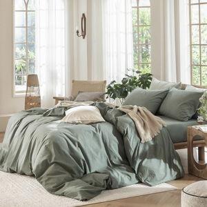 MooMee Bedding Duvet Cover Set 100% Washed Cotton Linen Like Textured Breathable Durable Soft Comfy (Heathered Green, King 104"x90")