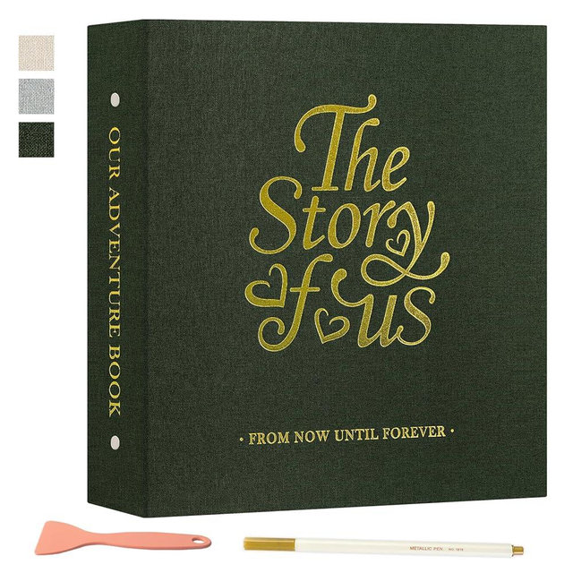 Lanpn Couples Scrapbook Photo Album - The Story of Us, Linen Wedding Anniversary Self Adheisve Picture Book holds 4x6 5x7 A5 Photo for Love Newlywed Valentine's Day (Small 20 Sheets/40 Pages, Green)