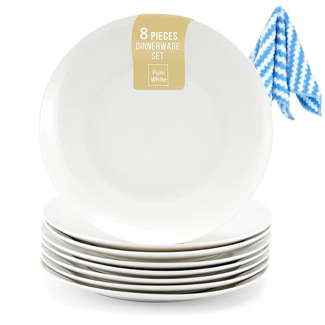 DRAVELLO Ceramic Dinner Plates Set of 8, 8 Inch, Serving for Salad, Dessert, Cereal, Appetizer, Microwave, Dishwasher and Oven Safe, Smooth Glaze, Scratch Resistant, Lead-free, Pure White