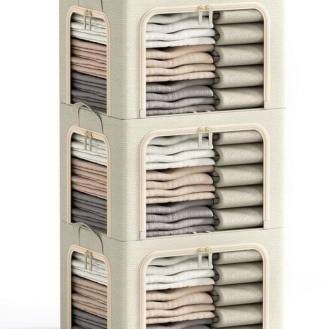 3 Openings Clothes Storage Bins with Metal Frame, Foldable Storage Bin for Clothes, Clothing Storage Bins with Lid, Linen Storage Box With Clear Window＆ Double Zippers＆ Durable Handles.(3 Pcs,Beige,40L)