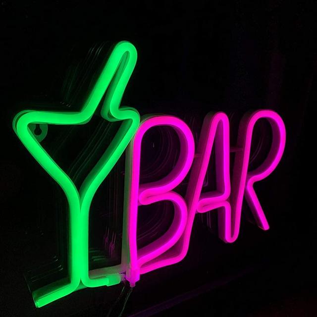 Bar Neon Sign for Business Green Cocktail Glass & Pink BAR Light Up Letter LED Sign USB Powered 14.57x 10.24x0.98 inch Aesthetic Wall Art Décor for Pub, Bistro, Party,Man Cave,Home,Basement(ABARLUF)