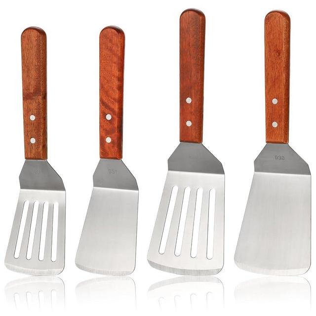 Pumtus 4 Pack Metal Spatulas Set, Stainless Steel Griddle Spatula & Slotted Spatula, Full Tang Wooden Handle Hamburger Turner, Fish Spatula Turner, Flat Top Grill Spatula for Cooking, BBQ (2 Size)
