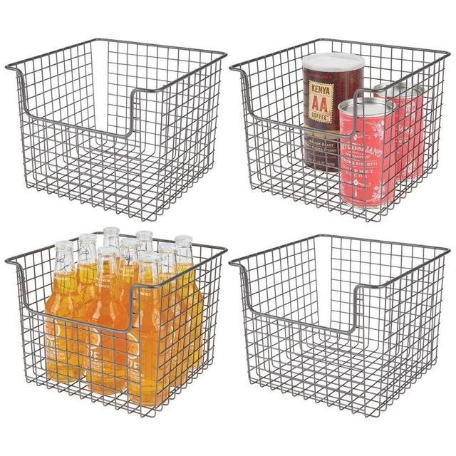 mDesign Metal Wire Open Front Organizer Basket for Kitchen Pantry, Cabinet, Shelf - Holds Canned Goods, Baking Supplies, Boxed Food Mixes, Fruits, Vegetables, Snacks - 10" Wide, 4 Pack - Graphite Gray