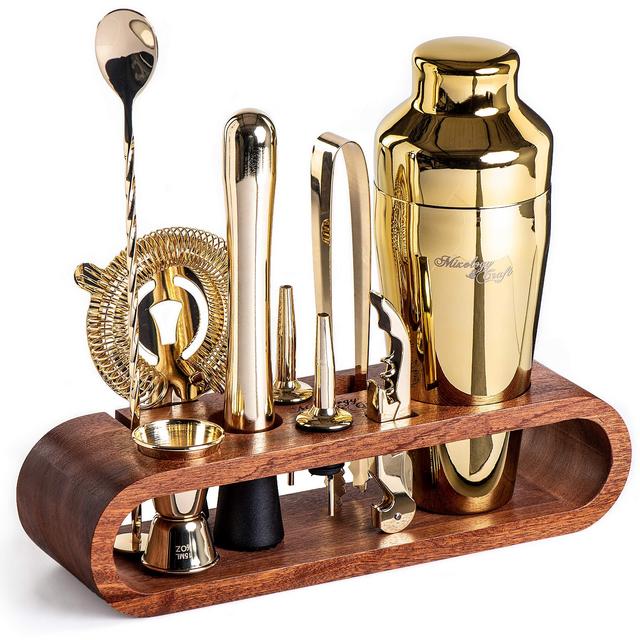 Mixology Bartender Kit: 10-Piece Bar Set Cocktail Shaker Set with Stylish Mahogany Stand (Gold)