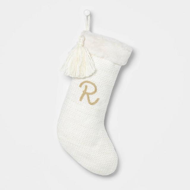 Luxe Knit Monogram Christmas Stocking White/Gold Letter R - Wondershop™