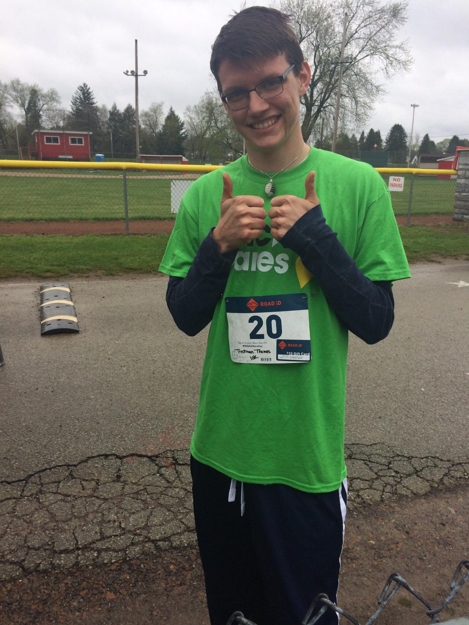 Thomas right before his first ever 10K! He even brought home a medal, and Sue was so proud ❤️