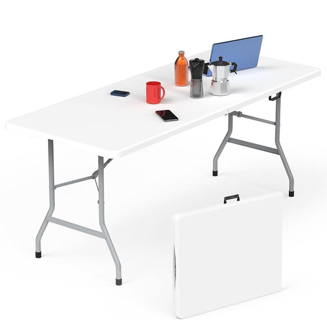 HLPB 6ft Folding Table with Handle & Safety Locks - Portable Picnic & Camping Table, Indoor/Outdoor Dining & Work Table for Weddings & Parties Plastic Construction