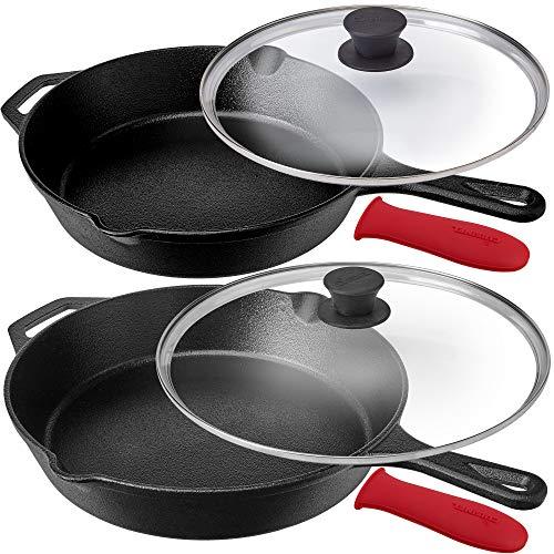 Pre-Seasoned Cast Iron Skillet 2-Piece Set (10-Inch and 12-Inch) with Glass Lids Oven Safe Cookware - 2 Heat-Resistant Holders - Indoor and Outdoor Use - Grill, Stovetop, Induction Safe