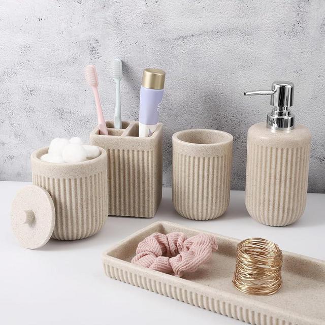 Resin Beige Bathroom Accessories Set 5 Pcs, Lotion Soap Dispenser Toothbrush Holder Bathroom Tumbler Cotton Swab Jar and Multifunctional Tray, Bathroom Organizer Accessory for Modern Home Decor