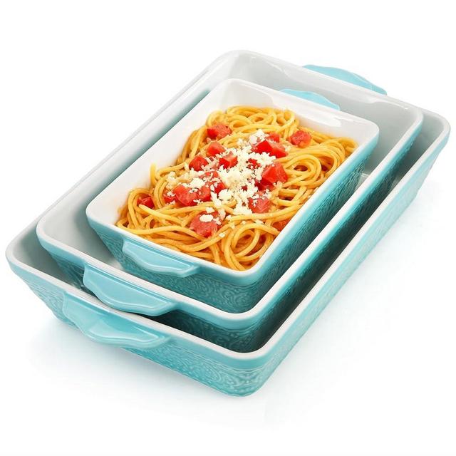 SOUJOY Ceramic Baking Dish Set of 3, Oven-to-Table and Non-Stick Rectangular Casserole Dishes with Sturdy Handles, Space-Saving Stack Lasagna Pan for Cooking, Serving, Roasting, Gifting, Turquoise