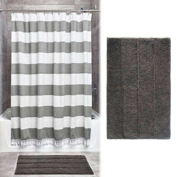 Gray Wide Stripe Fringe Shower Curtain Plush Rug Set - iDESIGN