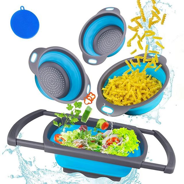 SJSJsuit Collapsible Colander, 4 Pack Colanders & Food Strainers for Kitchen Over the Sink - Expandable Collander/Strainer Silicone Collender Set with Handle for RV Accessories