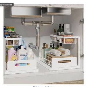 Under Sink Organizer, Pull Out Cabinet Organizer, 2 Tier Metal Slide Out Shelf with L Shaped Design for Kitchen, Bathroom, Laundry, and Utility Cabinet Storage for Deep Cabinets, White, 2 Pack