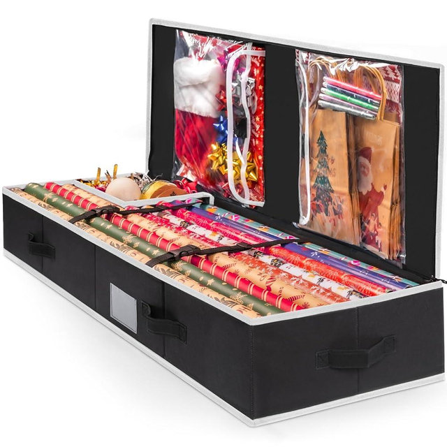 Criusia Gift Wrapping Paper Organizer Storage, Durable Underbed Storage Container Fits 24 Rolls, with Removable Partitions and Pockets for Ribbon, Ornaments, Holiday Accessories, Black