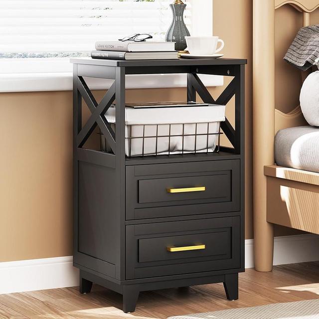RoyalCraft Tall Nightstand, Side Table with 2 Drawers and Open Shelf on Top, Bedside Table with Solid Feet, Modern Night Stand End Table for Bedroom, Living Room, Home Office, Black