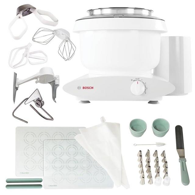 Bosch Universal Plus Stand Mixer with NutriMill Baker's Pack Accessory Bundle including Bowl Scraper, Cookie, and Cake Paddles, Icing Kit, and Silicone Cookie Sheet Liners