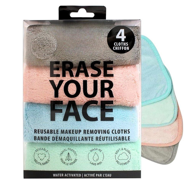 ERASE YOUR FACE Makeup Remover Cloths - Reusable Microfiber Face Towels to Cleanse & Remove Makeup - Water Activated, Dual-Sided Design for Easy Use - Pastel (4 Count)