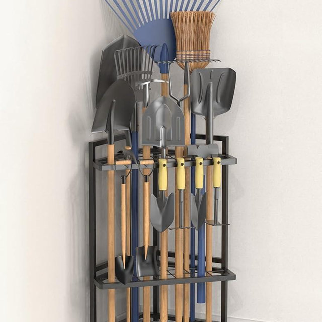Lovind Garden Tool Organizer for Corner,Metal Yard Tool Organizer for Long-Handled Tools/Rakes/Brooms,Side Garden Pocket,Heavy Duty Steel Yard Tool Storage Rack for Garage,Shed, Outdoor