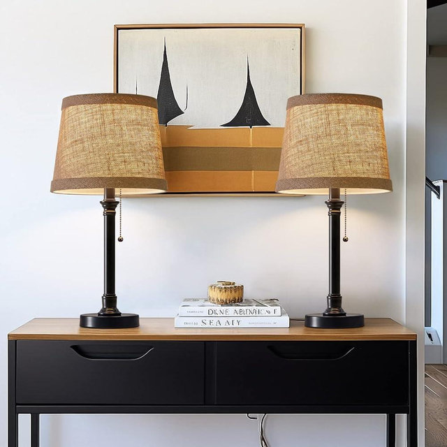 Oneach Cottage Style Black Pull Chain Table Lamps Set of 2 for Bedroom Living Room 20'' Traditional Bedside Desk Nightstand Buffet Candlestick Samll Lamps with Fabric Drum Shade