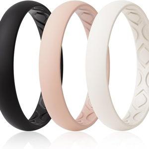 ThunderFit Women Silicone Wedding Bands - Size 4.5-5, Color: Pack H: Black, AW-Pink, AW-Floral Lace