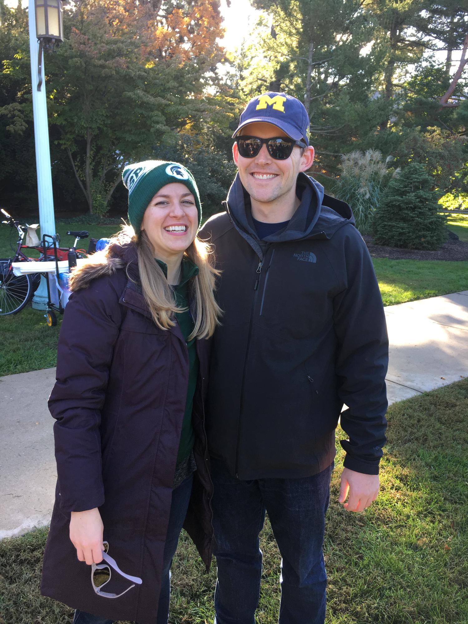 Kristin has been a Spartan since birth, but Jim is a Michigan fan- his dad played football there!