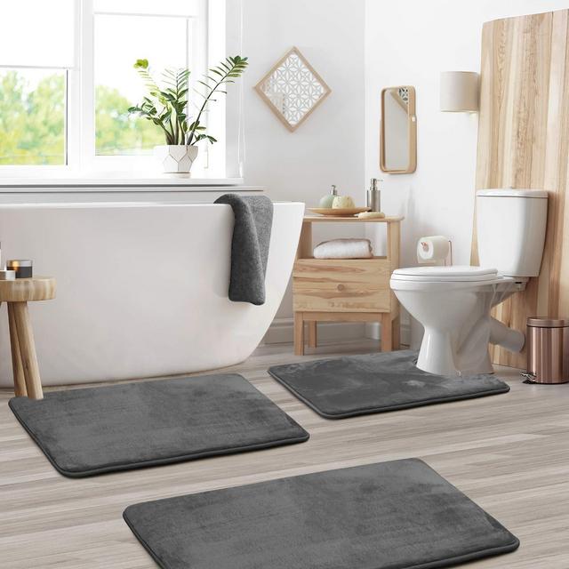 Clara Clark Solid Collection Memory Foam Bath Mat Sets 3 Piece - Non Slip, Absorbent, Soft Bath Rug Set - Fast Drying Washable Bath Mat - Large, Small, and Contour Sizes - Gray
