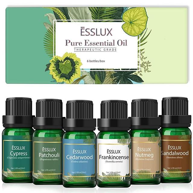 Essential Oils Set, Esslux Men Scents Collection with Cypress, Cedarwood, Patchouli, Sandalwood, Frankincense, Nutmeg Essential Oils for Diffuser, Massage, Winter Home Fragrance, Candles Making