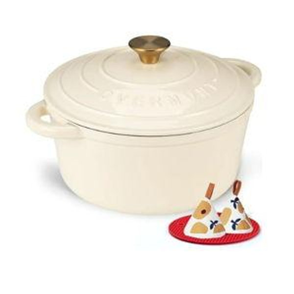 Overmont Enameled Cast Iron Dutch Oven - 7QT Pot with Lid Cookbook & Cotton Potholders - Heavy-Duty Cookware for Braising, Stews, Roasting, Sourdough Baking Cream White