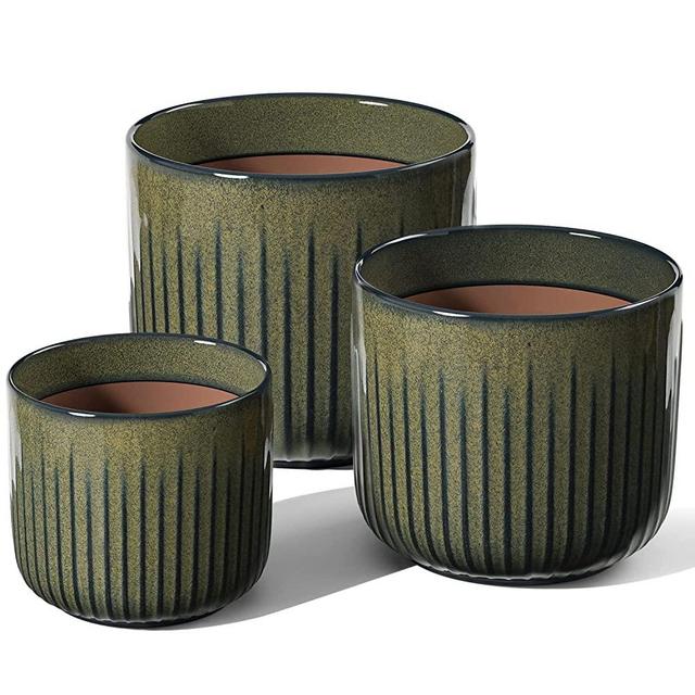LE TAUCI Plant Pots, Large Planter Ceramic, 8.3+6.9+5.7 inch Flower Pot for Plants with Drainage Holes, Garden Planters Outdoor, Indoor House Plants, Set of 3, Reactive Glaze Brown