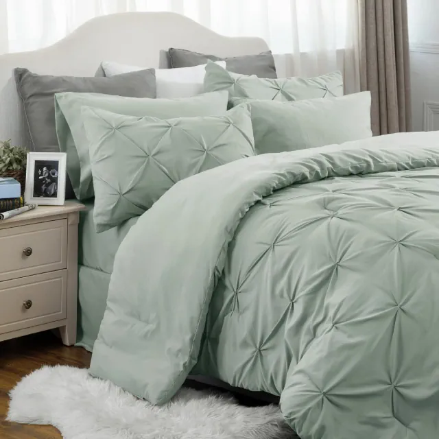 Solid Diamond Pintuck 7pcs 80gsm Queen Size Sage Green Bedding Set Comforter Set - Cozy Comfort by Bedsure