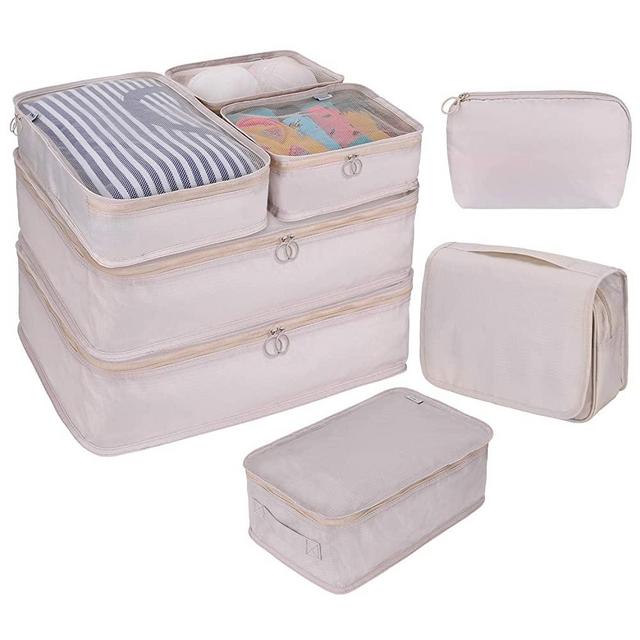 DIMJ Packing Cubes for Travel, 8 Pcs Travel Cubes for Suitcase Lightweight Travel Essential Bag with Large Toiletries Bag for Clothes Shoes Cosmetics Toiletries (Beige)