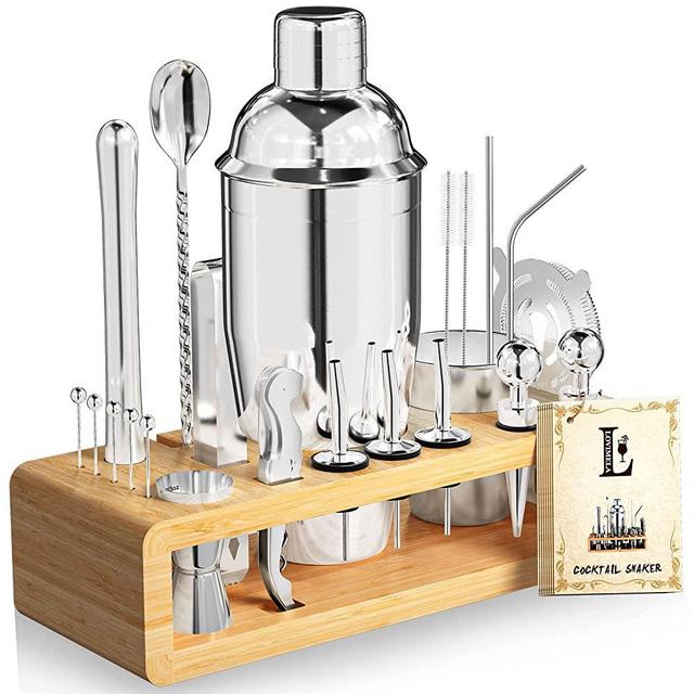 LOVIMELA Bartender Kit 25pcs Cocktail Shaker Set with Stand Bar Set for Cocktail Margarita Martini Drinking Mixer Including Shaker Set Jigger Recipe Strainer Spoon Muddler Tongs Home Kitchen (Silver)