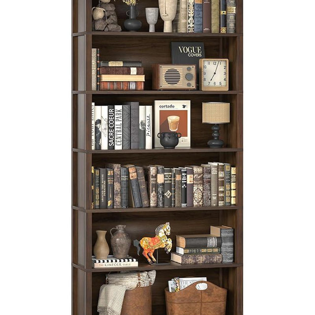 TVU 6-Tier Wooden Bookshelf, 76 Inch Tall Bookshelf with Storage, Floor Standing Modern Style Display Bookcase for Living Room, Office, Study Room, Entryway, Brown