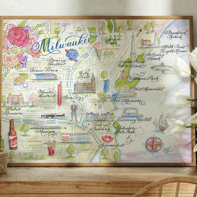 Milwaukee, Wisconsin Map, Hand-painted Watercolor, Luxury Print in 5 x 7, 8 x 10, 11 x 14, 16 x 20, or 18 x 24 for framing