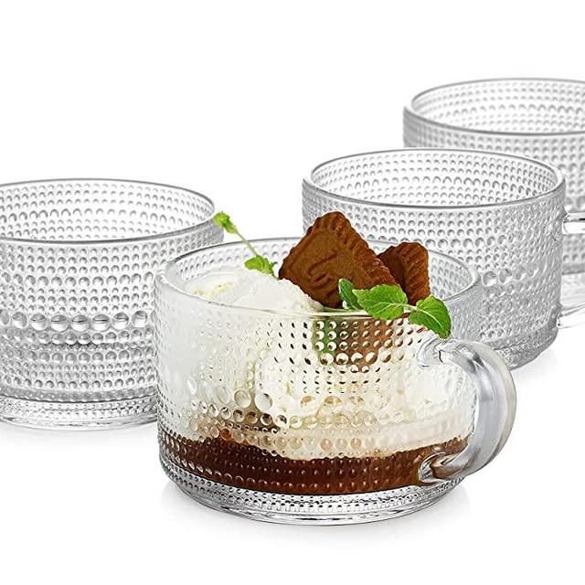 LUXU Vintage Glass Coffee Tea Mugs(Set of 4),14 oz Stackable Coffee Cups,Embossed Glass Breakfast Cups,Clear Drinking Glasses Great for Latte,Mocha,Cappuccino,Cereal,Yogurt,Hot or Cold Beverages