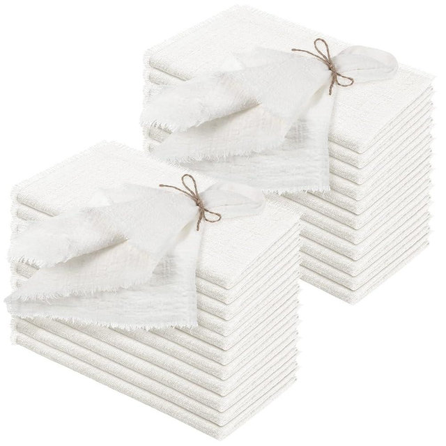 24 Pcs Fringe Napkins Bulk Cloth Cotton Soft Handmade 17 x 17 Inch Rustic Reusable Washable Festive Square Table Napkins with Fringe for Parties Wedding Restaurant Rustic Table Accessory (White)