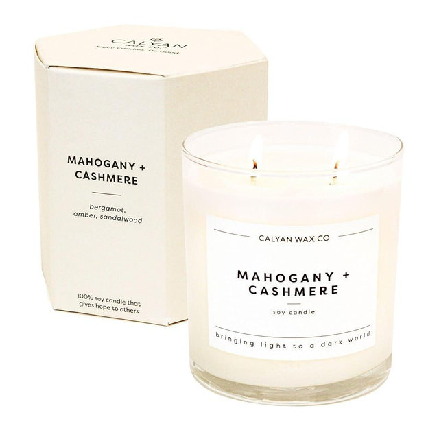 Calyan Wax Co. Mahogany & Cashmere 2 Wick Scented Candle - 37 Hour Burn - Luxury Non Toxic Soy Wax Candles - Long Lasting Large Glass Jar Candle for Home - 8.8oz