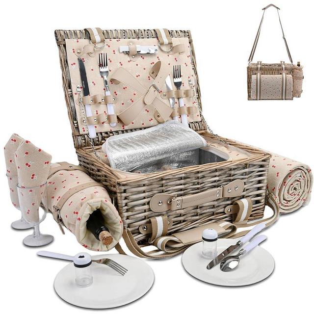 19Pcs Picnic Basket for 2 with Insulated Liner and Waterproof Picnic Blanket Wine Pouch, Large Wicker Picnic Hamper for Camping,Outdoor,Valentine Day,Christmas for Couples,Cherry Red
