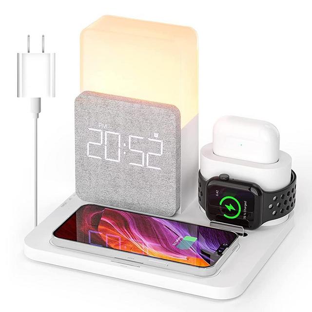 Wireless Charging Station, 3 in 1 charging station apple Fast 15W Wireless Charger with Alarm Clock and Table Lamp, iPhone 12/13 Pro/13 Mini/13 Pro Max/12 pro, Samsung, AirPods(QC3.0 Adapter Included)