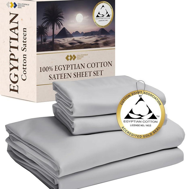 Certified Luxury 100% Egyptian Cotton Bedsheets, California King Bed Sheets, Bedding Sheets & Pillowcases Set, Sateen Cool Sheets for Hot Sleepers, Light Grey Sheets