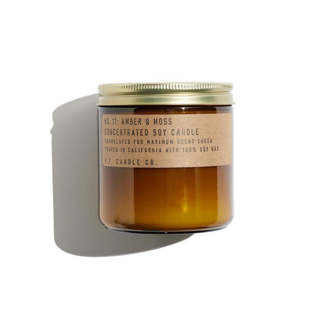 P.F. Candle Co. Amber & Moss Classic Large Concentrated Scented Soy Wax Candle (12.5 oz) 60-70 Hour Burn Time, Cotton Wick, Amber Glass Jar