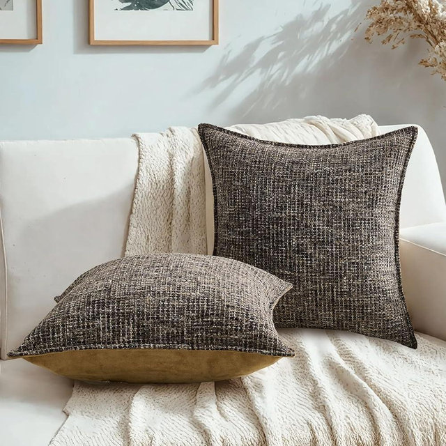 HAUSSY Coffee Throw Pillow Covers 16x16 Set of 2 Chenille Tweed Textured Decorative Couch Pillow Covers Neutral Modern Pillow Cases for Sofa Bed Living Room Decor