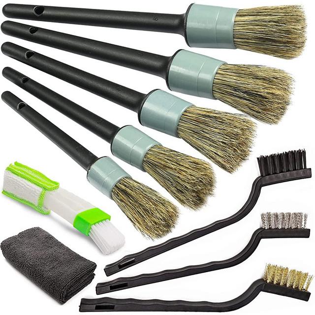 Master Detailing Brush Set – 5pcs Different Size Natural Boar Hair Brush, 3pcs Wire Brush, Air Conditioner Brush & Microfiber Towel for Cleaning Engine, Wheel, Interior, Air Vent, Car, Motorcycle