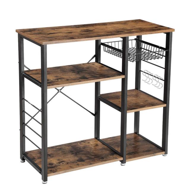 VASAGLE ALINRU Kitchen Baker’s Rack, Coffee Bar with Wire Basket 6 Hooks Microwave Oven Stand Metal Frame Wood Look, 35.4", Rustic Brown