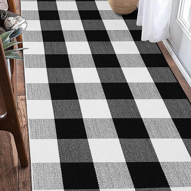 EARTHALL Buffalo Plaid Runner Rug Black and White 2'x6', Buffalo Check Rug Runner Hallway Entry Carpet, Cotton Hand-Woven Washable Outdoor Rug Runner Entryway/Front Porch/Bedroom (23.6''x70.8'')