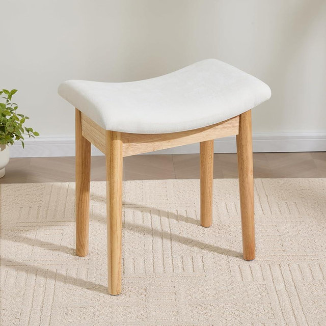 Royal Windsor Vanity Stool with Saddle Cushion, 18 Inch Makeup Vanity Chair for Living Room, Morden Foot Stool Ottoman Piano Bench, Upholstered Vanity Bench Seat for Bedroom, Beige